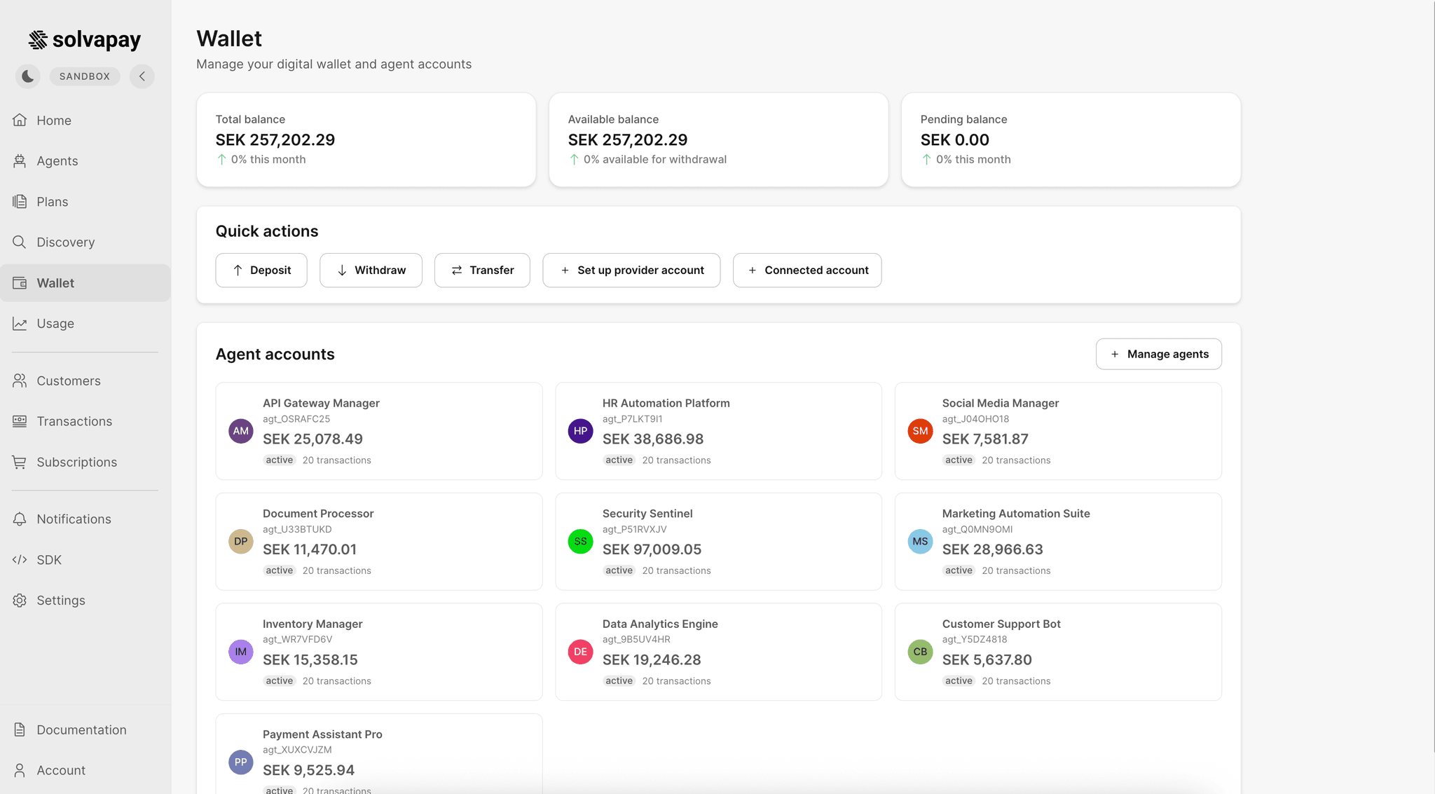 Wallet dashboard screenshot showing Manage your wallet, view balance, and track all your financial transactions in one place.